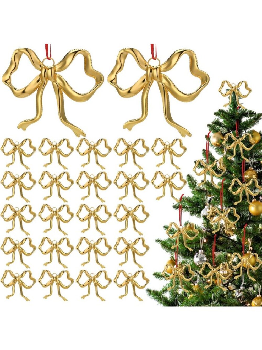 24 Pcs Gold Metal Christmas Bow Ornaments - Festive Tree Decorations, Holiday